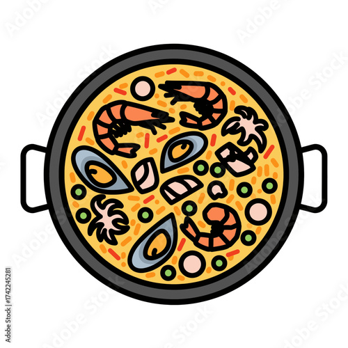 Delicious seafood paella dish with shrimp mussels and octopus in a pan.