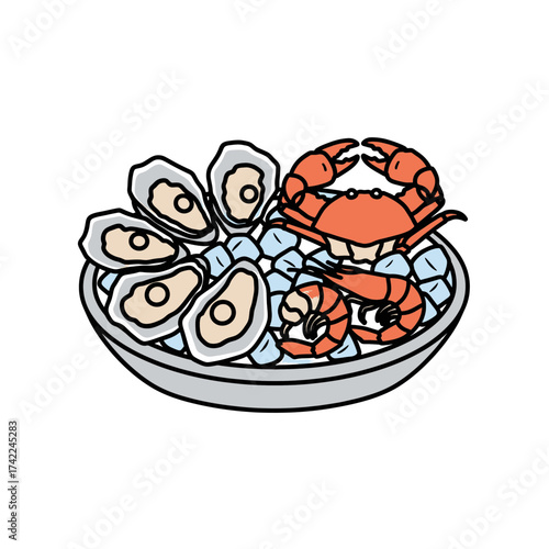 Seafood platter with oysters crab and shrimp on ice.