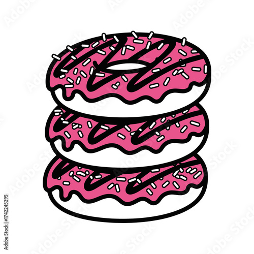 Stack of three pink frosted donuts with sprinkles on top delicious dessert.