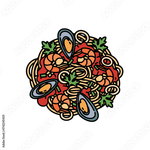 Delicious seafood pasta dish with shrimp mussels and parsley.