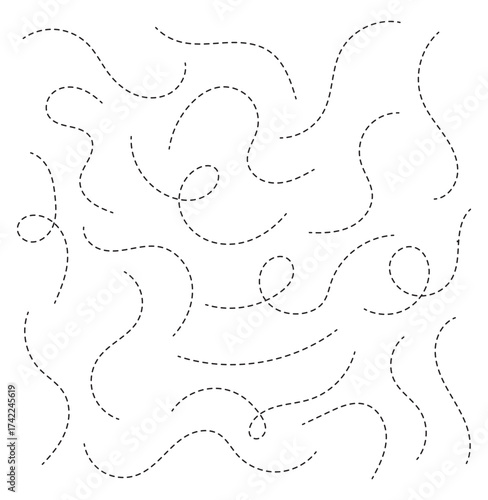 Hand drawn squiggle loopy line vector icon, abstract curved dotted line, abstract hand drawn dotted line collection. Dotted spiral curve line. Hand drawn curly border. Long squiggle dashed vector