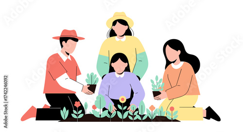A family of four gardening together, planting seedlings in a garden bed with flowers and foliage.