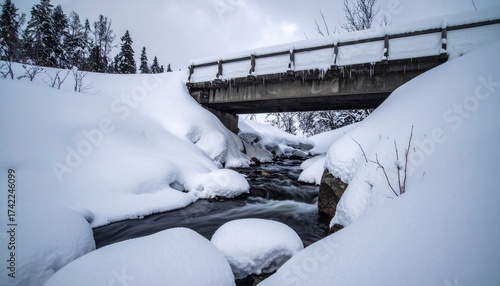 Serene winter landscape with snow covered bridge and flowing river, perfect for travel brochures and seasonal campaigns, offering peace and tranquility, evoking a sense of adventure and wonder