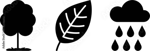 Simple black icons representing nature: a tree, a leaf, and a rainy cloud.