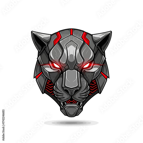 Futuristic cybernetic panther head with glowing red eyes, a stunning design for gaming, technology, or sci-fi projects, exuding power and innovation