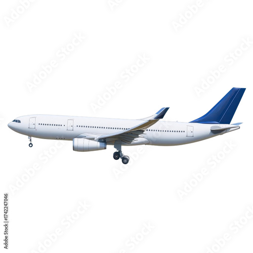 AI Image A pristine white passenger aircraft with a striking blue tail isolated against a stark