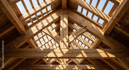 Wooden Roof Frame Under Construction with Sunlight Shadows in Bright Natural Light