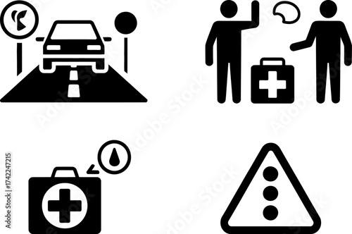 Roadside assistance icons: car breakdown, first aid, and hazard warning triangle