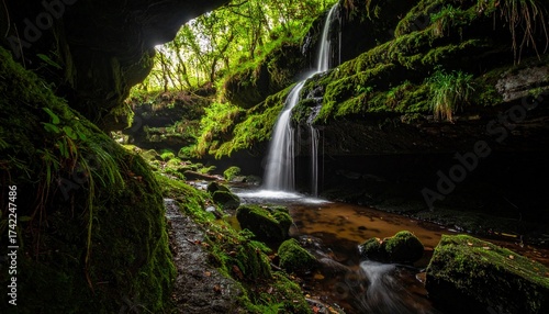 Discover the enchanting beauty of a hidden waterfall cascading into a serene pool within a lush, moss-covered cave, a tranquil escape into nature's unspoiled sanctuary