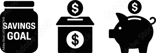 Simple icons representing savings and financial goals, including a jar, a donation box, and a piggy bank.