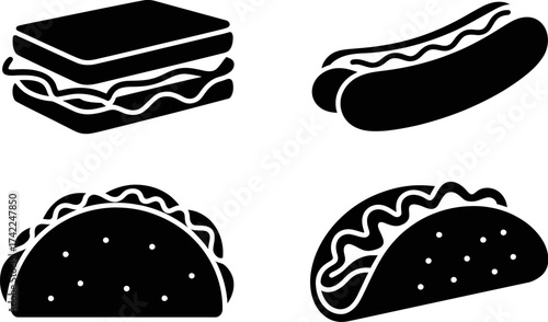 Simple black icons of popular fast food items: sandwich, hot dog, and two tacos.
