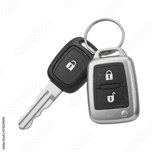 Car key with remote and physical key isolated on transparent background