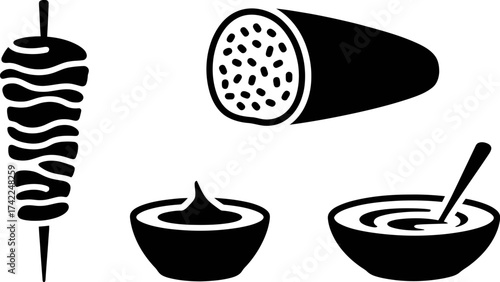 Stylized icons representing ingredients for a delicious street food meal, including meat on a spit and dipping sauces.