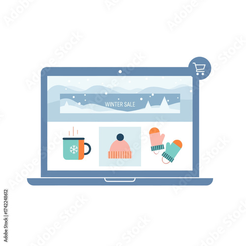 Laptop displaying an online winter sale website with cozy items like a mug, hat, and mittens for purchase.