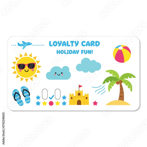 Cartoon loyalty card with holiday fun theme, featuring summer vacation elements like sun, flip-flops, sandcastle, palm tree, and beach ball.