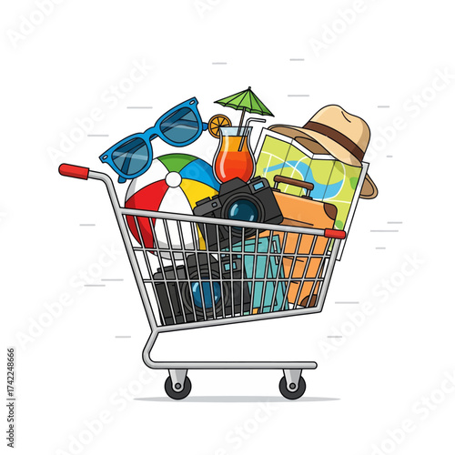 A shopping cart filled with various travel essentials including a suitcase, camera, sunglasses, hat, beach ball, and a tropical drink.