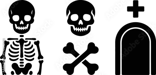Symbolic representation of mortality and danger with skulls, bones, and a tombstone