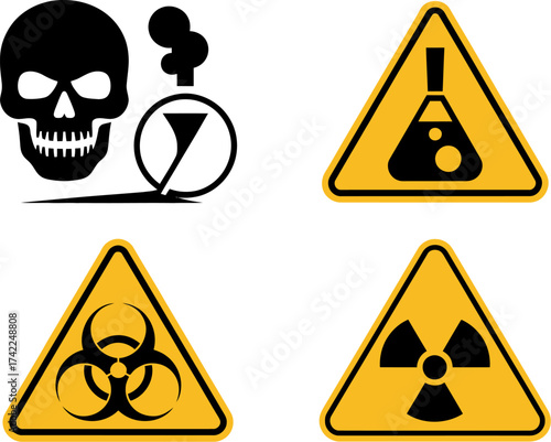 Set of four hazard warning symbols including skull and crossbones, biohazard, radiation, and chemical danger.