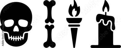 Spooky icons including skull, bones, torch, and candle create a dark and mysterious atmosphere