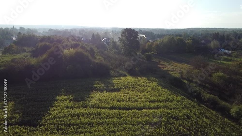 Foggy Morning Over Farmland and a Small Polish Village