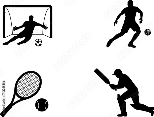 Dynamic silhouettes of athletes engaged in popular sports like soccer, tennis, and cricket.