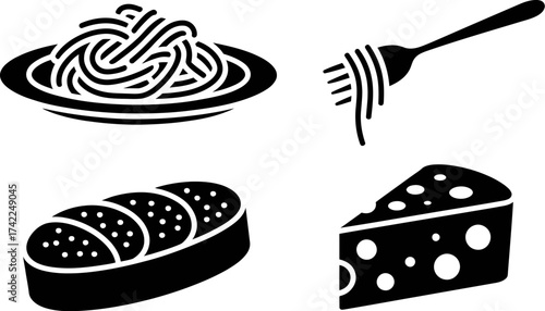 Simple black and white icons representing Italian food staples like spaghetti, bread, and cheese.