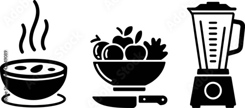 Icons representing healthy eating, food preparation, and hot meals.