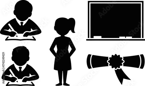 Students focused on learning and a teacher overseeing the classroom, with a diploma symbolizing achievement.