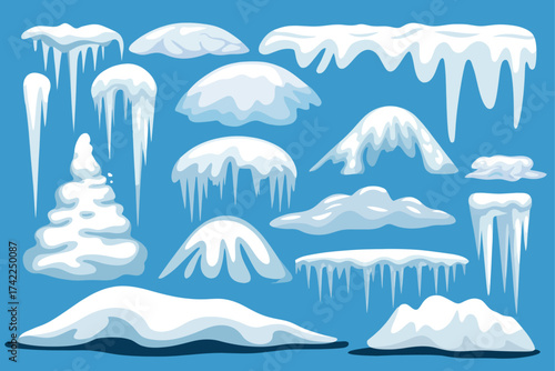 Snow Snow Drifts and Icicles Illustrative Collection on Blue Background for Winter Designs