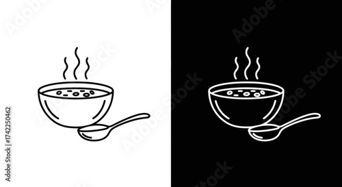 A simple line art silhouette of a steaming bowl of soup with a spoon on a split black and white background
