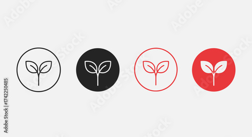 Four circular icons featuring simple sprout silhouettes in black white and red colors