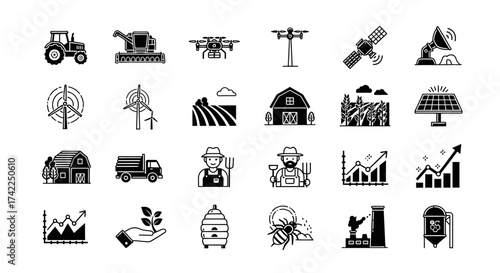 Modern agriculture icons featuring farming equipment technology and renewable energy sources silhouette