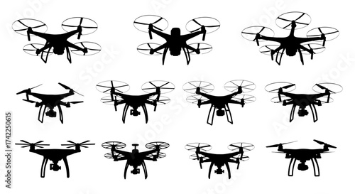 Collection of twelve drone aircraft silhouettes in various designs and configurations silhouette