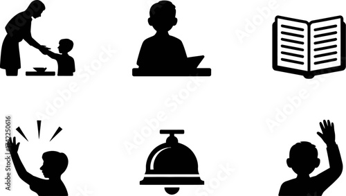 Collection of simple black icons representing education, learning, and daily activities
