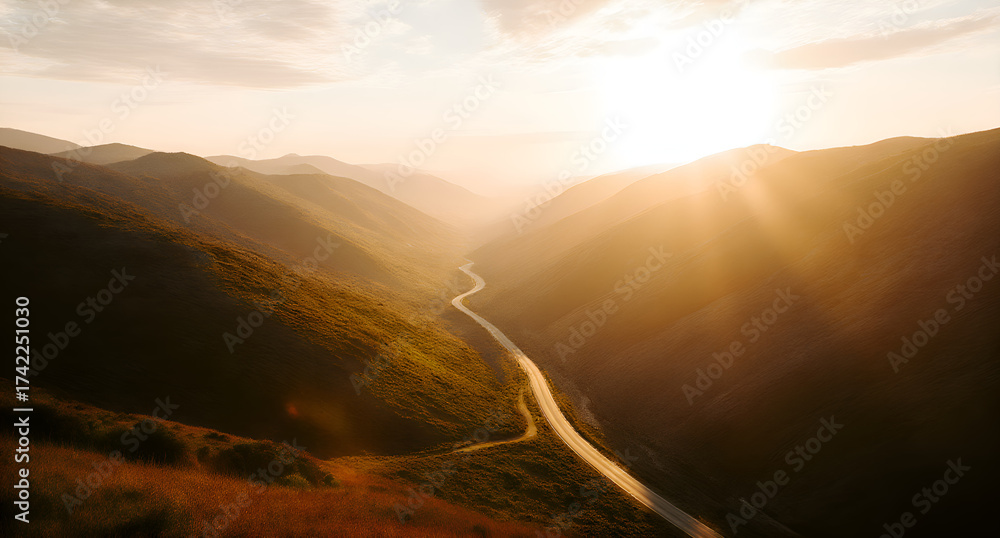 Obraz premium Aerial Sunset Over Rolling Hills