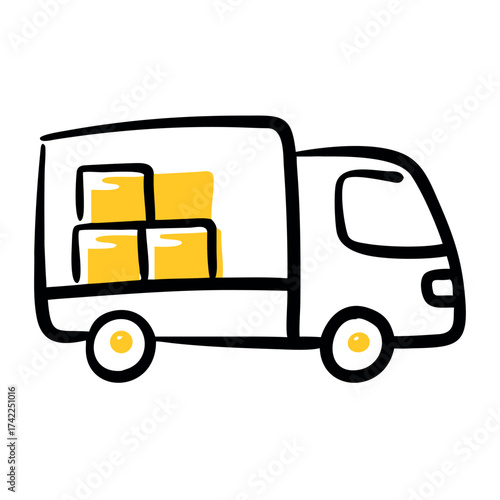 Stylized Delivery Truck with Boxes Inside Ready for Transport and Shipping to Customers Around the World Quickly and Safely