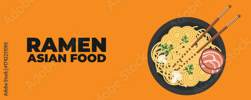 A bowl of ramen soup with chopsticks — Asian and Japanese cuisine banner. Perfect for restaurant branding, advertising, menu design, and marketing materials