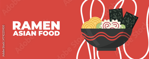 A bowl of ramen soup with chopsticks — Asian and Japanese cuisine banner. Perfect for restaurant branding, advertising, menu design, and marketing materials