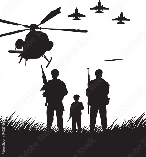 Soldiers watch air force helicopter and jets fly