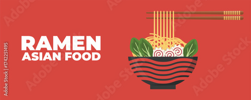 A bowl of ramen soup with chopsticks — Asian and Japanese cuisine banner. Perfect for restaurant branding, advertising, menu design, and marketing materials