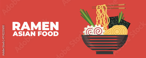 A bowl of ramen soup with chopsticks — Asian and Japanese cuisine banner. Perfect for restaurant branding, advertising, menu design, and marketing materials