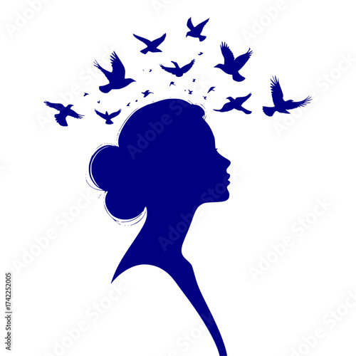 Silhouette of Woman’s Face with Birds Flying Out — Minimal Freedom Concept on White Background
