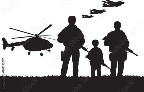 Soldiers and aircraft in formation, ready for mission