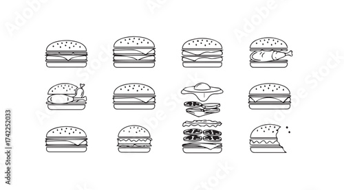 Hand drawn burger icons collection diverse burger varieties for food branding and menu design vector