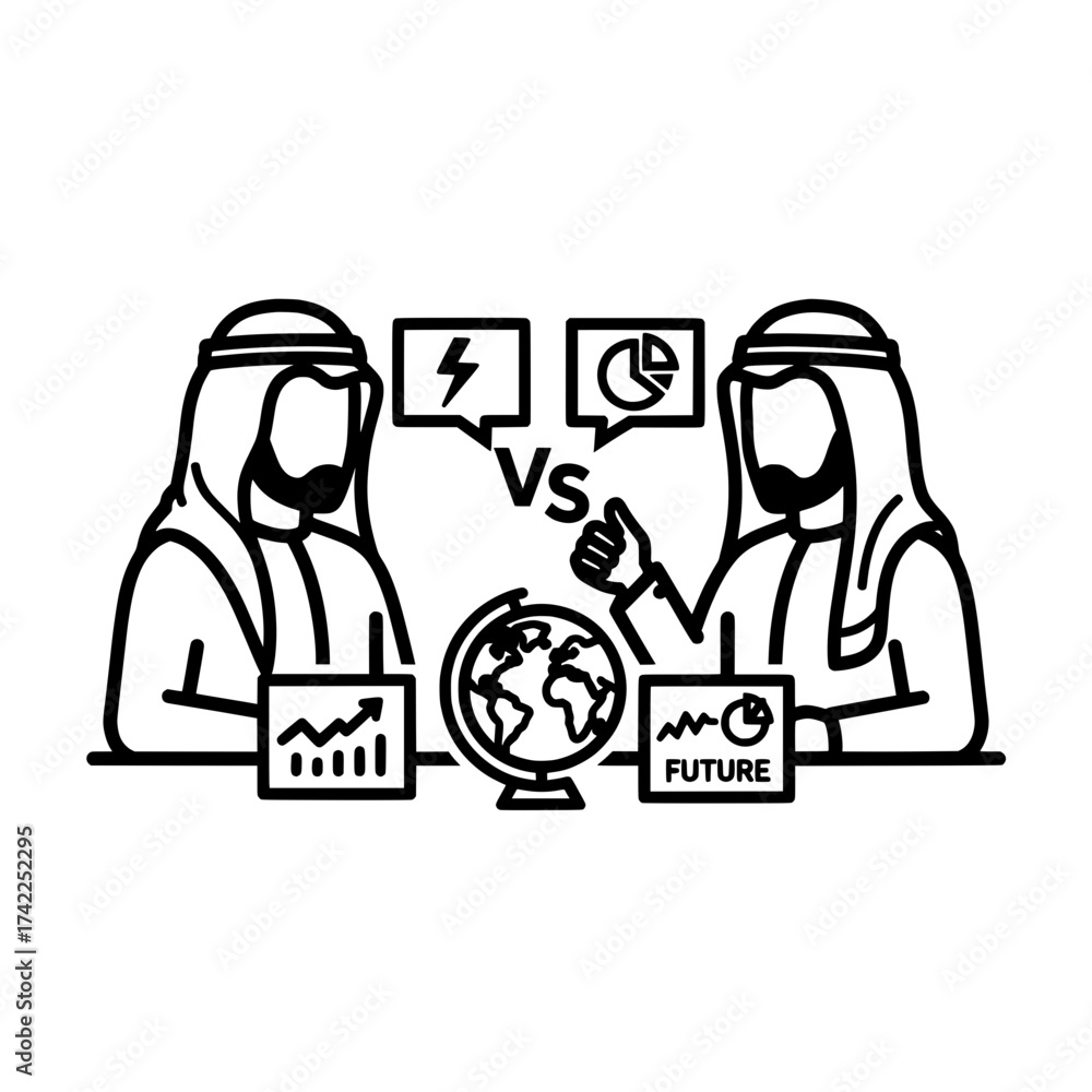 Obraz premium Arab businessmen discussing global future and business strategy.