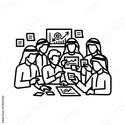 Business meeting of Arab men discussing financial reports and charts.