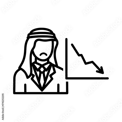 Arab businessman with a downward trend graph financial crisis concept.