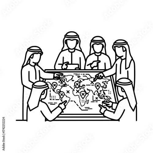Arab business team planning global strategy on world map 1.