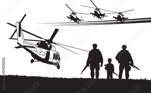 Military helicopters fly over soldiers protecting child