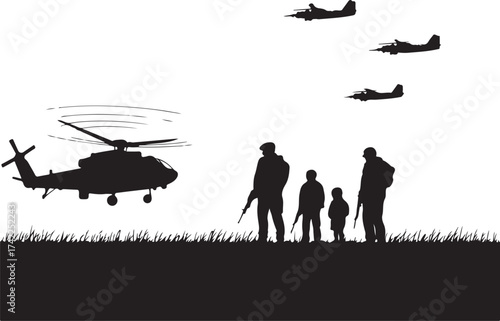 Military helicopter and planes fly over soldiers